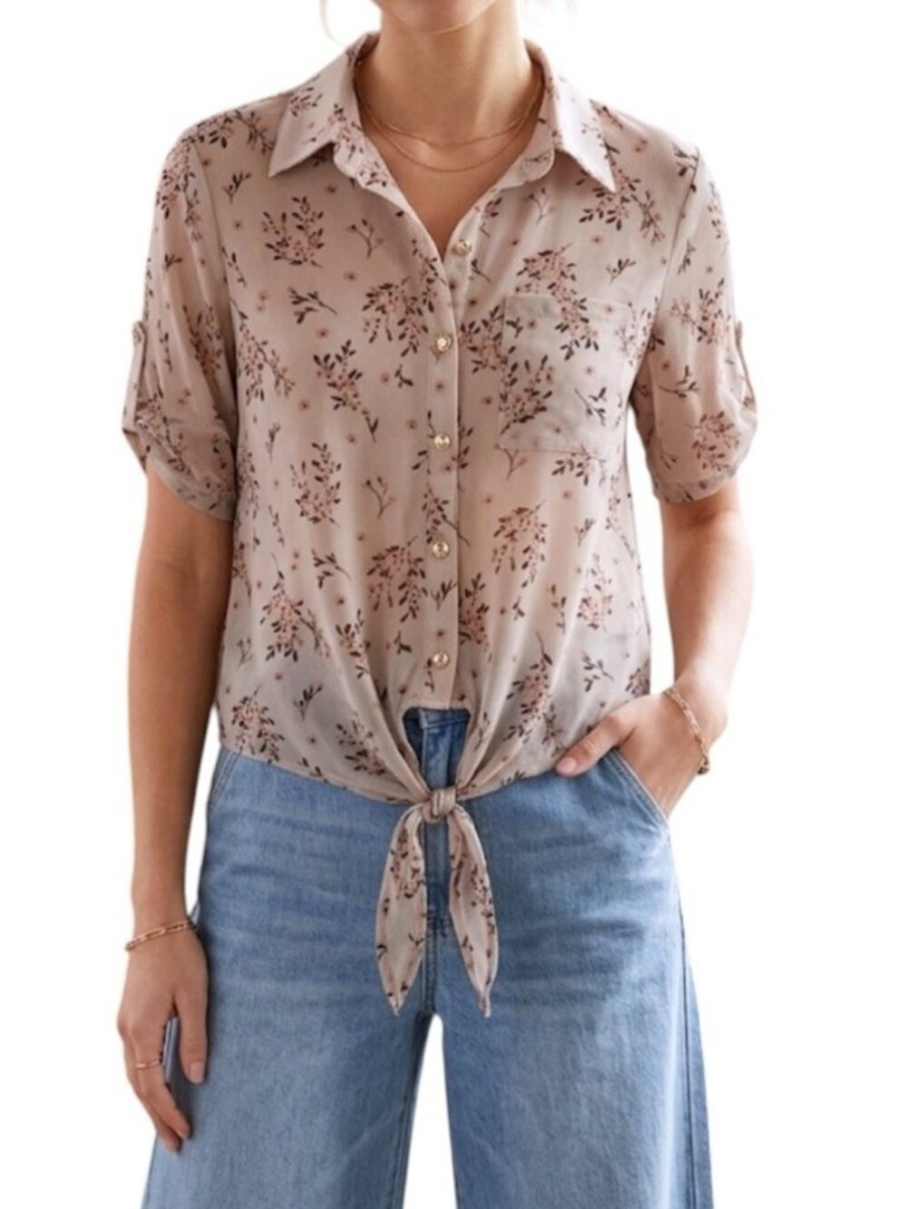 Ember Pink Floral Sheer Waist Tie Buttoned Boho Cottage Chic Blouse Small